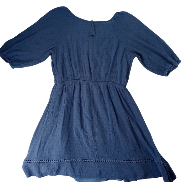 Lucky Brand Blue Textured Embroidered Tassel Tie Neck Dress - Youth Size XL - Picture 3 of 6